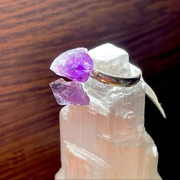 Raw Amethyst Crystal Wrap Ring on Stainless Steel Setting Adjustable One Size - Picture 5 of 9